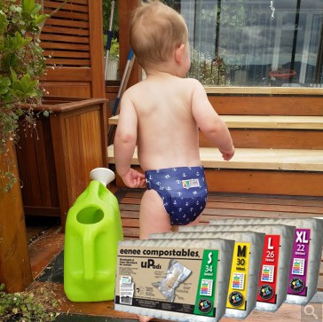 Best compostable nappies Australia-Baby wearing Eenee nappy and pack of compostable u pads displayed