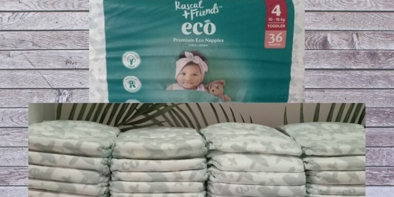 Rascal Friends Eco Nappies Review-Rascal friends pack size 4 and a stack of unpacked Eco nappies on a shelf