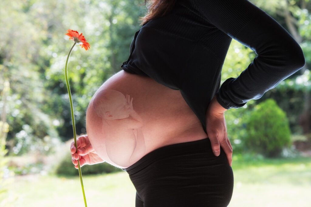 What is the Amazon baby gift registry?- Pregnant lady with orange flower in her hand.