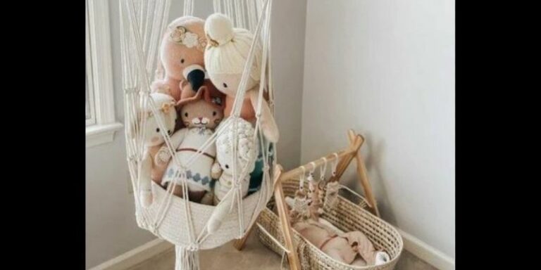 Top infant toys-Macramé toy basket filled with organic soft toys.