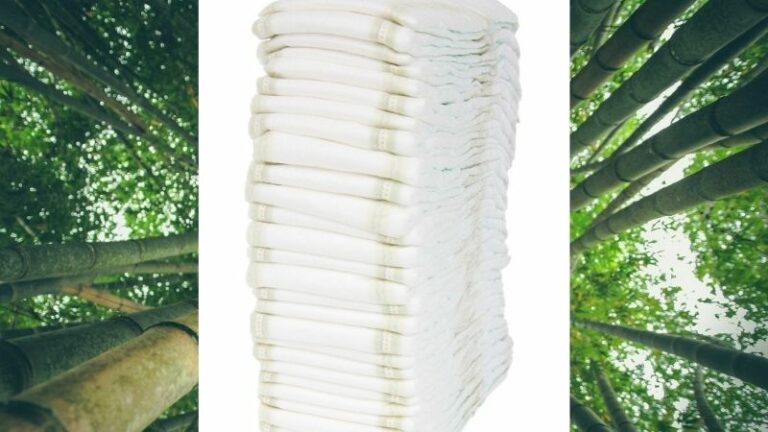 What's in Bambo Nature?-Bamboo forest and a pile of white disposable nappies.