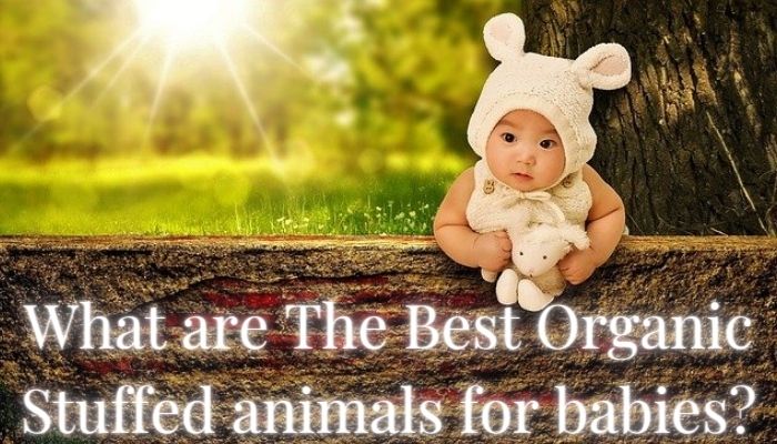 What're the Best Organic stuffed Animals for babies?-Baby with bunny ear hat standing outside in the sunlight holding a white stuffed animal toy.