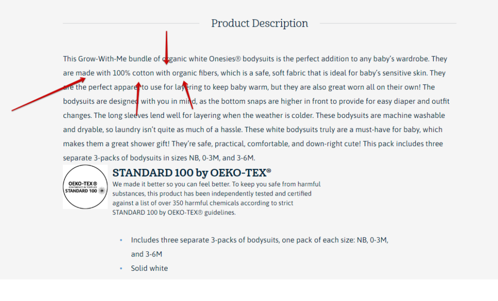 Are Gerber baby clothes good?- Screenshot of Gerber baby clothes description stating 100 % organic with organic fibers.