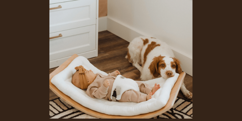 Finn and Emma rocker review.-Newborn baby laying on organic cotton path of the Finn + Emma balance rocker with dog resting head on the board.