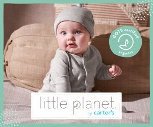 Organic Baby Clothes Brands in the U.S that use G.O.T.S Certified Organic Cotton.-Banner of Little Planet with a baby wearing a Little Planet by Carters outfit.