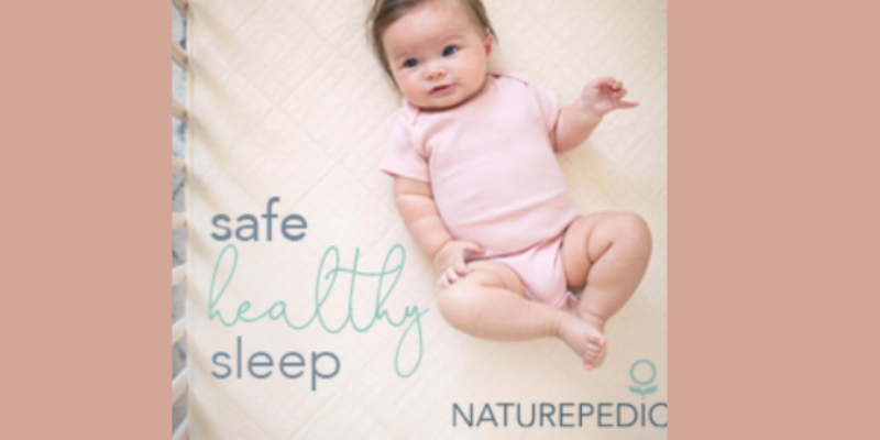Is a Naturepedic Crib Mattress Worth It?- Naturepedic banner from a baby in a pink bodysuit laying on crib mattress on the back.
